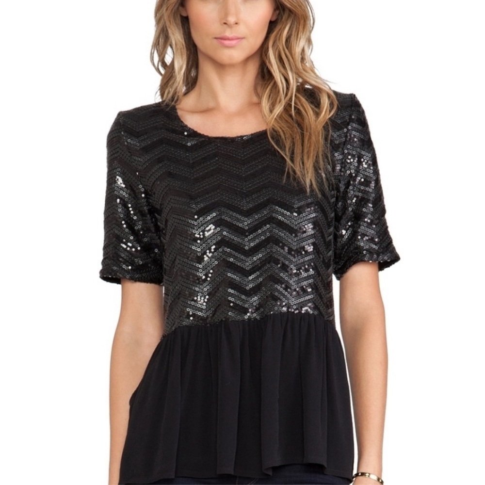 Lovers + Friends Black Sequin Glam Chevron Short Sleeve Peplum Top Size XS